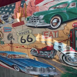 Route 66 Tapestry with Green and Blue Classic Cars